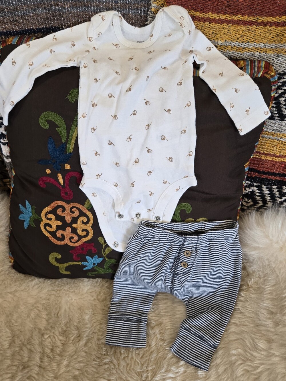 Carter's Cream Printed Long-Sleeved Onesie with Navy Striped Pants